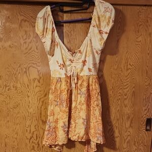 Free People Orange and Cream Floral Blouse